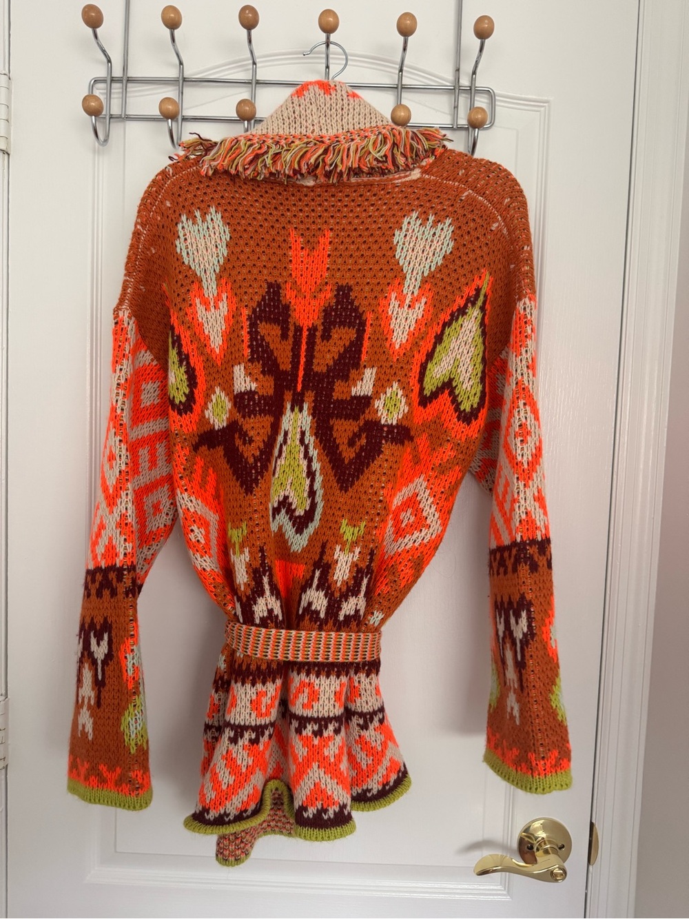 Fringed Orange Patterned Wrap Cardigan Sweater - Picture 3 of 5